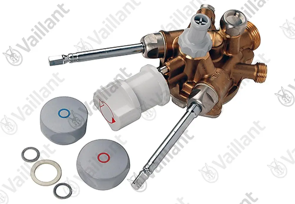 Vaillant Wasserschalter mit mehreren Anschlüssen und Regelmechanismus. Enthalten sind verschiedene Dichtungen und Bedienelemente in unterschiedlichen Farben.